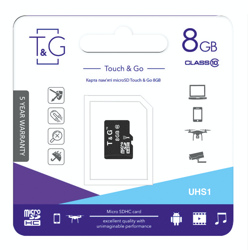 Карта памяти MicroSDHC 8GB UHS-I Class 10 T&G (TG-8GBSD10U1-00)