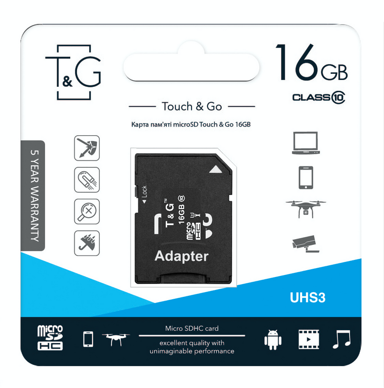 Карта памяти MicroSDHC  16GB UHS-I U3 Class 10 T&G + SD-adapter (TG-16GBSD10U3-01)