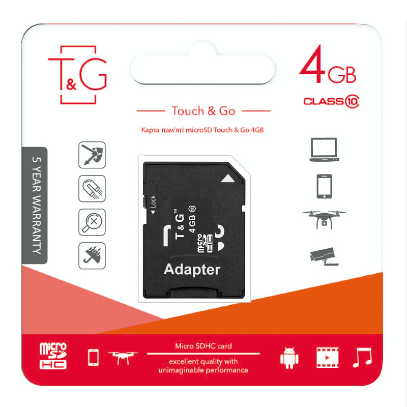 Карта памяти MicroSDHC 4GB Class 10 T&G + SD-adapter (TG-4GBSDCL10-01)