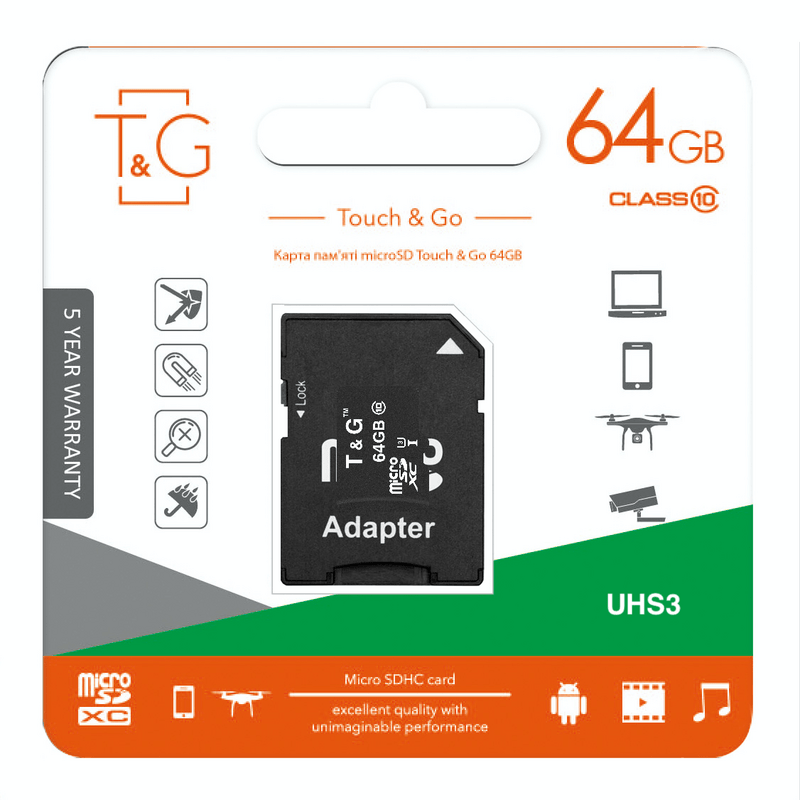 Карта пам`ятi MicroSDXC 64GB UHS-I U3 Class 10 T&G + SD-adapter (TG-64GBSDU3CL10-01)