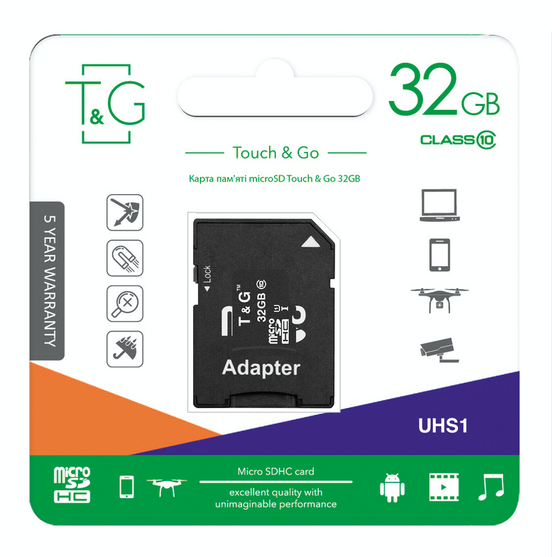 Карта памяти MicroSDHC  32GB UHS-I Class 10 T&G + SD-adapter (TG-32GBSD10U1-01)