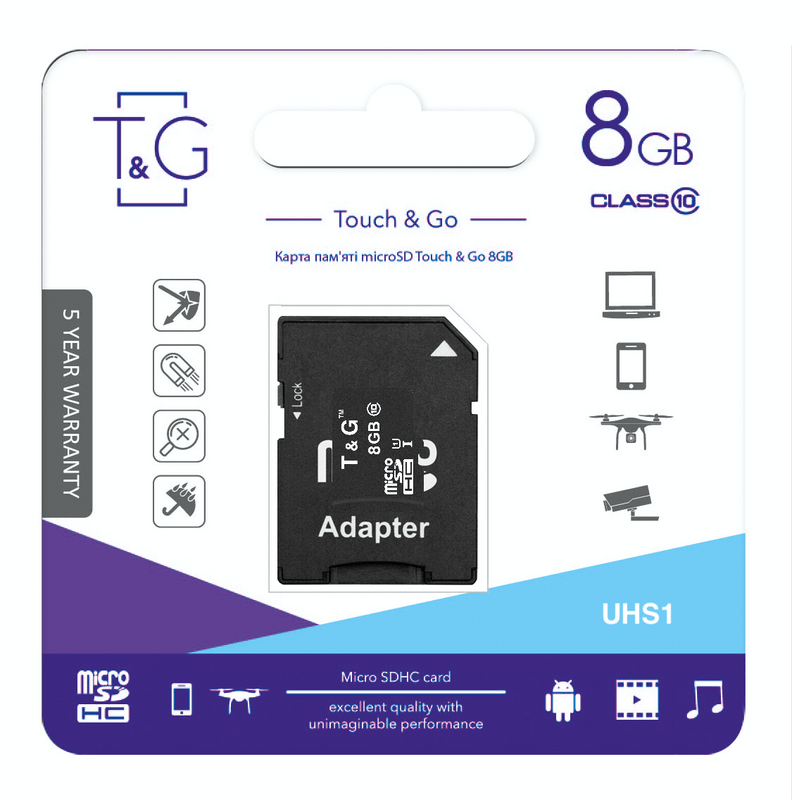 Карта памяти MicroSDHC   8GB UHS-I Class 10 T&G + SD-adapter (TG-8GBSD10U1-01)