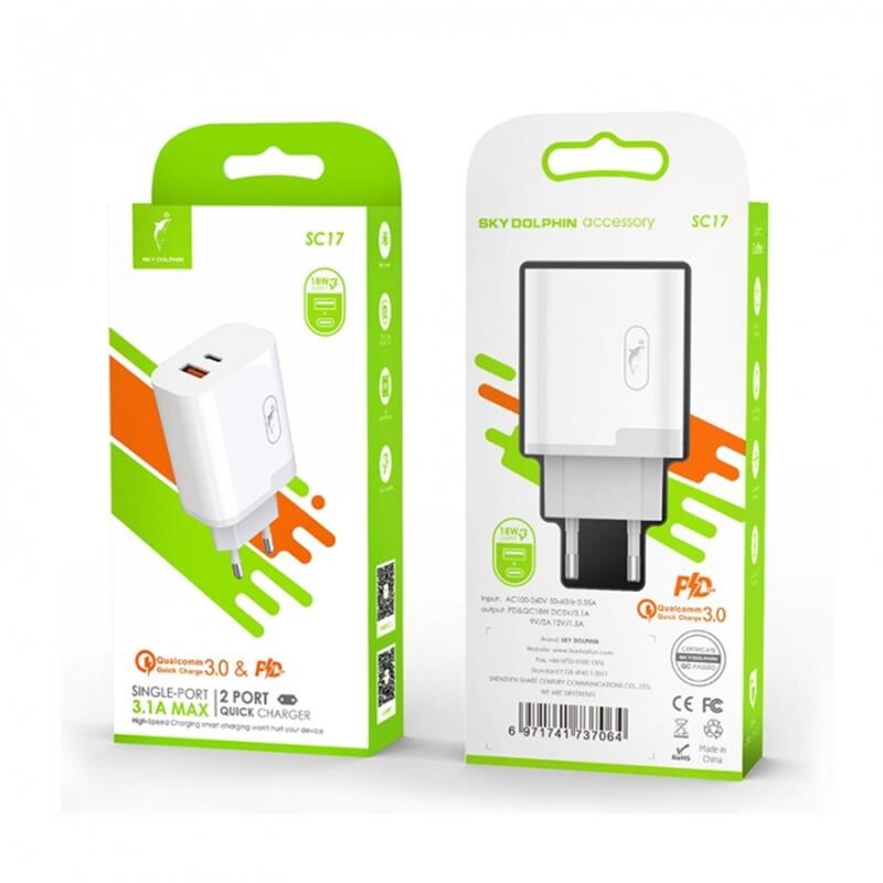 Зарядное устройство SkyDolphin SC17 PD+QC3.0 (2USB, 3A) White (MZP-000110)_бн