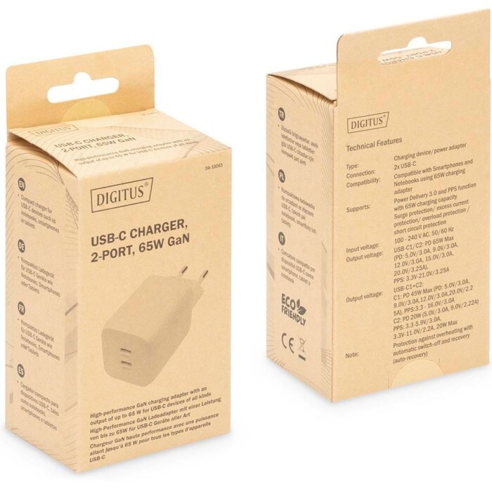 Сетевое зарядное устройство Digitus (2USB Type-C, 3A) 65W White (DA-10063)