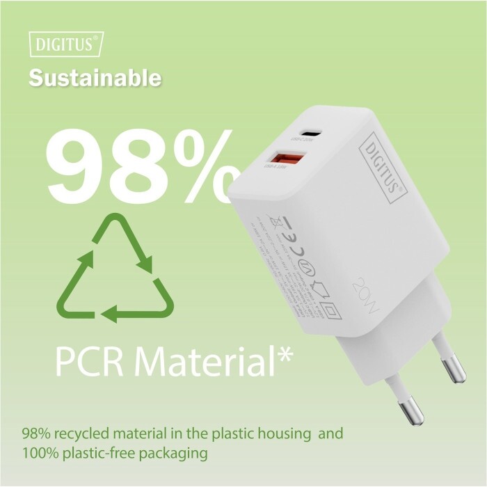 Сетевое зарядное устройство Digitus (1USB-C, 3A, 1USB-A, 3A) 20W White (DA-10300)