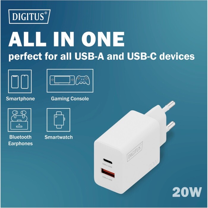 Сетевое зарядное устройство Digitus (1USB-C, 3A, 1USB-A, 3A) 20W White (DA-10300)