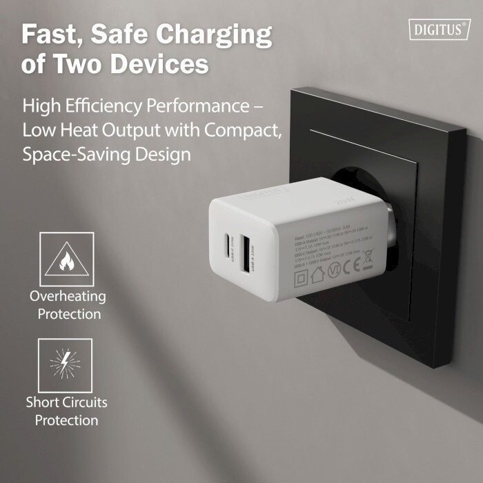 Сетевое зарядное устройство Digitus (1USB-C, 3A, 1USB-A, 3A) 20W White (DA-10300)