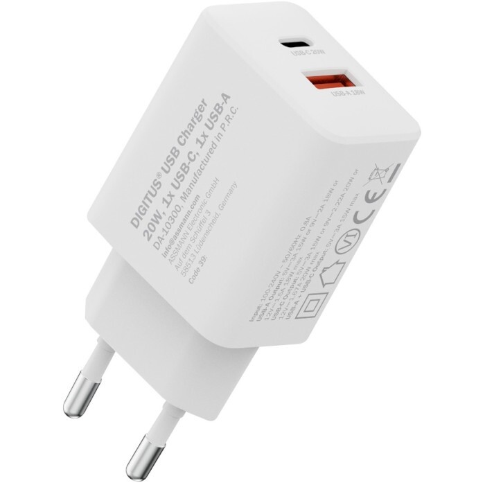 Сетевое зарядное устройство Digitus (1USB-C, 3A, 1USB-A, 3A) 20W White (DA-10300)