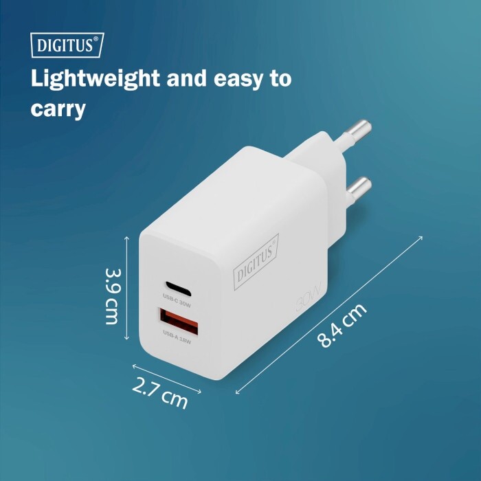 Сетевое зарядное устройство Digitus (1USB-C, 3A, 1USB-A, 3A) 30W White (DA-10301)