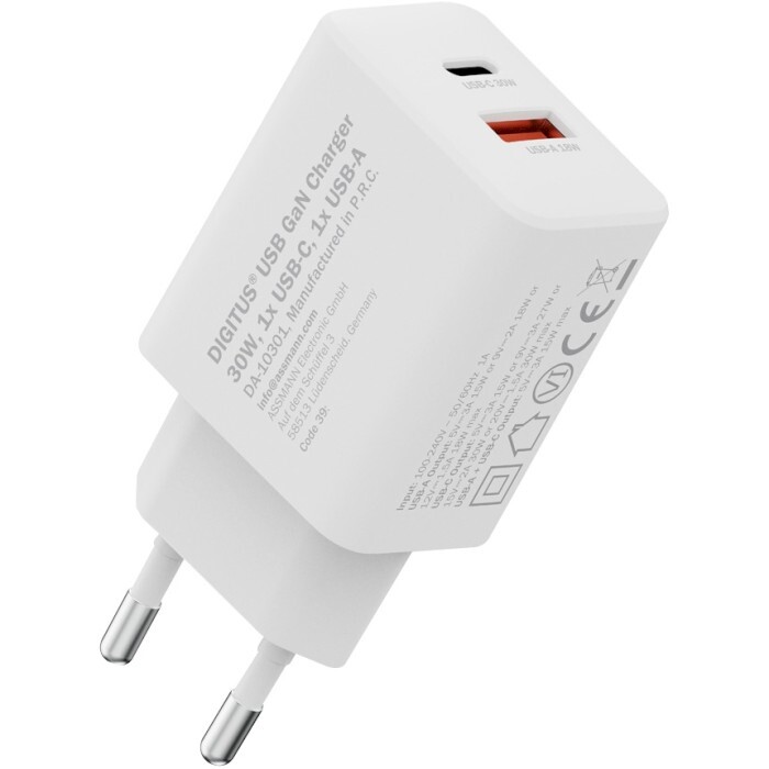 Сетевое зарядное устройство Digitus (1USB-C, 3A, 1USB-A, 3A) 30W White (DA-10301)