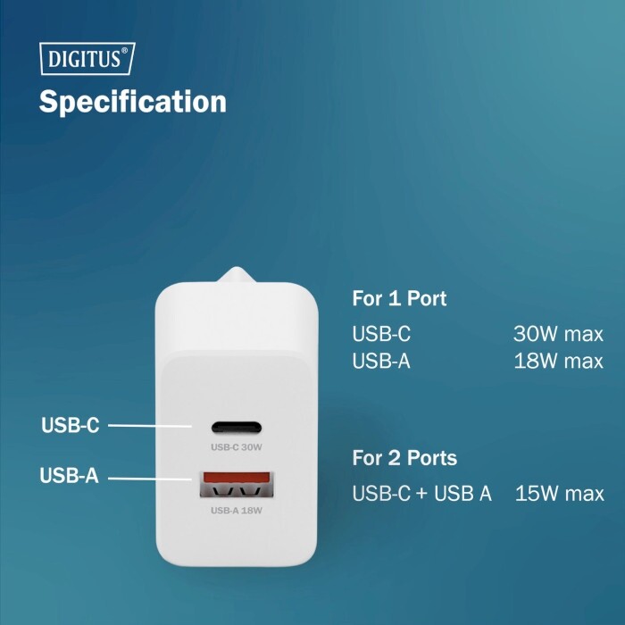 Сетевое зарядное устройство Digitus (1USB-C, 3A, 1USB-A, 3A) 30W White (DA-10301)