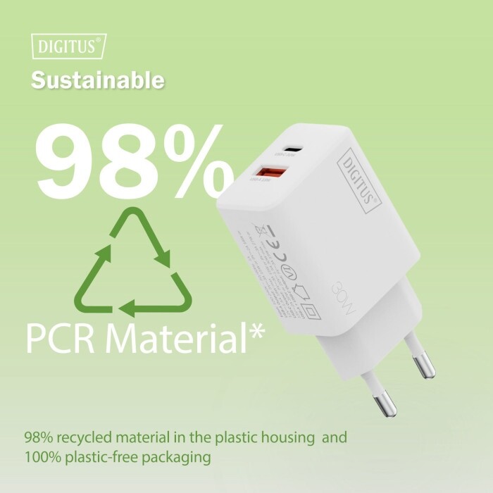 Сетевое зарядное устройство Digitus (1USB-C, 3A, 1USB-A, 3A) 30W White (DA-10301)