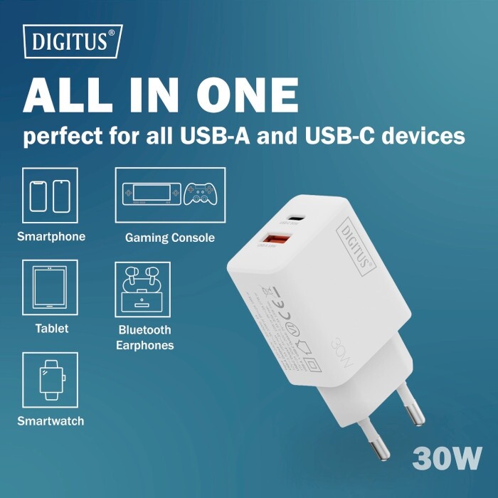 Сетевое зарядное устройство Digitus (1USB-C, 3A, 1USB-A, 3A) 30W White (DA-10301)
