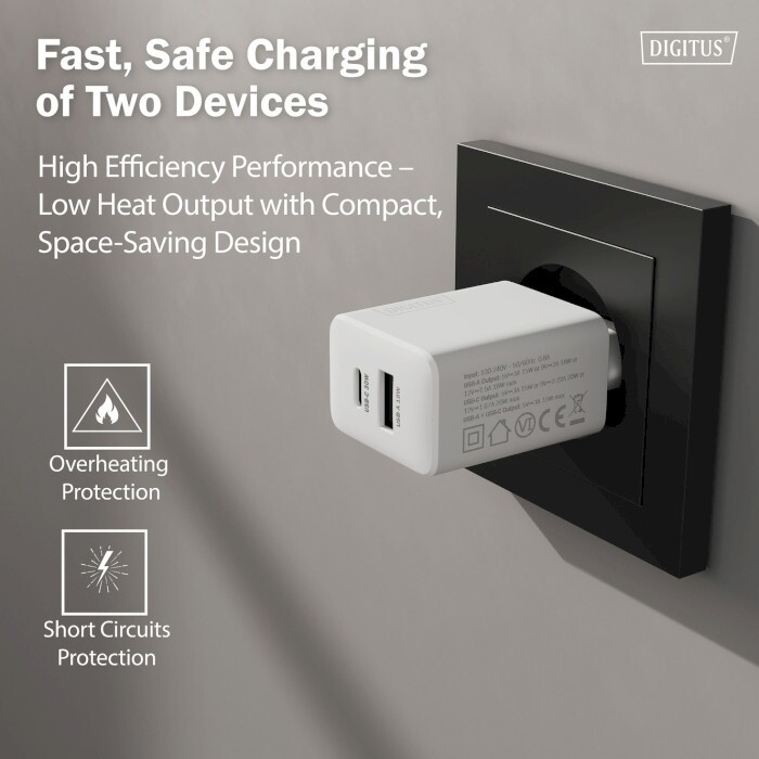 Сетевое зарядное устройство Digitus (1USB-C, 3A, 1USB-A, 3A) 30W White (DA-10301)