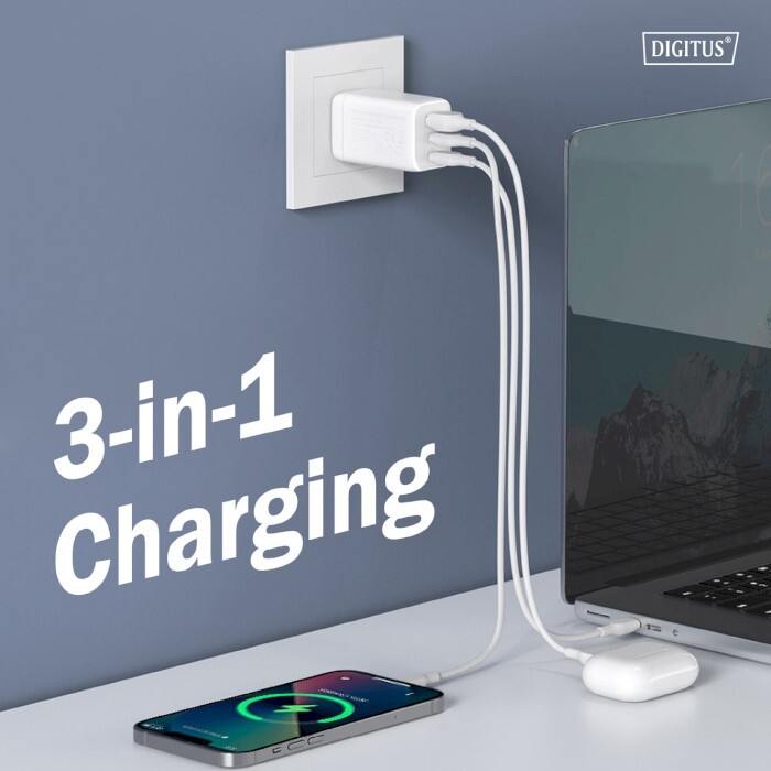 Сетевое зарядное устройство Digitus (2USB-C, 3A, 1USB-A, 3A) 67W White (DA-10303)