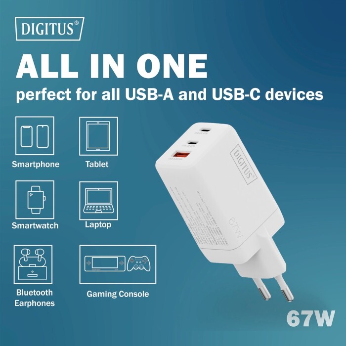 Сетевое зарядное устройство Digitus (2USB-C, 3A, 1USB-A, 3A) 67W White (DA-10303)