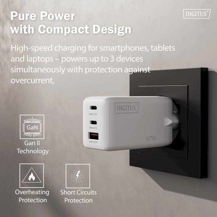 Сетевое зарядное устройство Digitus (2USB-C, 3A, 1USB-A, 3A) 67W White (DA-10303)