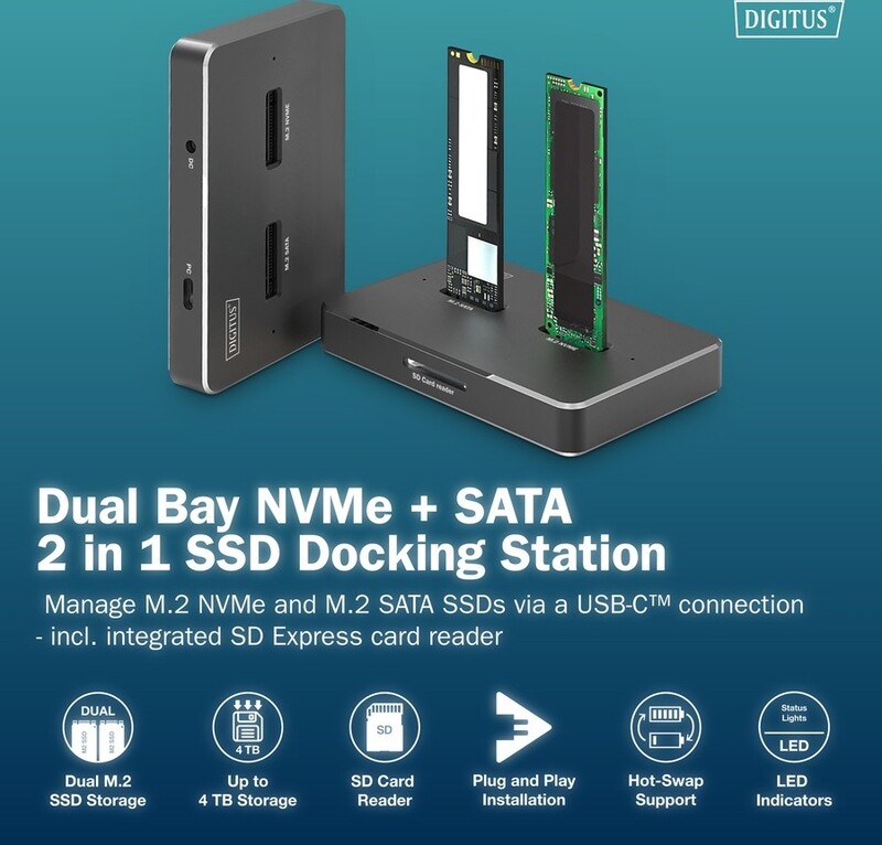 Док-станція Digitus Dual для M.2 NVMe SSD, USB Type-C 3.2, Grey (DA-71546-1)