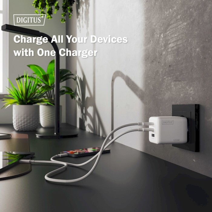 Сетевое зарядное устройство Digitus (2USB-C, 3A, 1USB-A, 3A) 100W White (DA-10304)