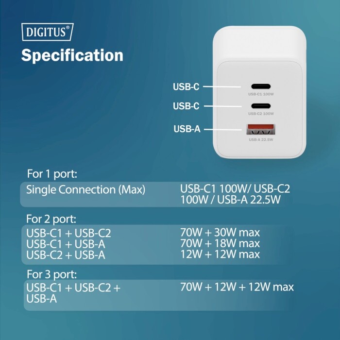 Сетевое зарядное устройство Digitus (2USB-C, 3A, 1USB-A, 3A) 100W White (DA-10304)