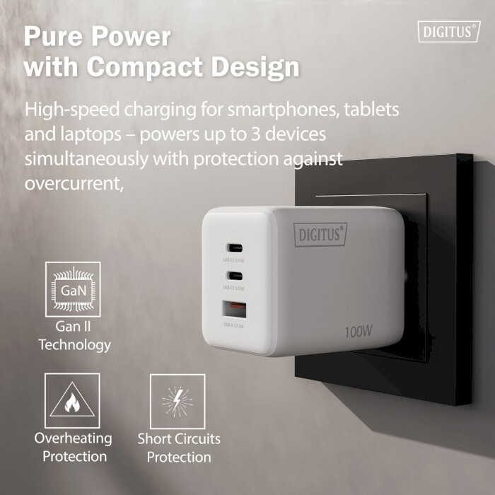 Сетевое зарядное устройство Digitus (2USB-C, 3A, 1USB-A, 3A) 100W White (DA-10304)