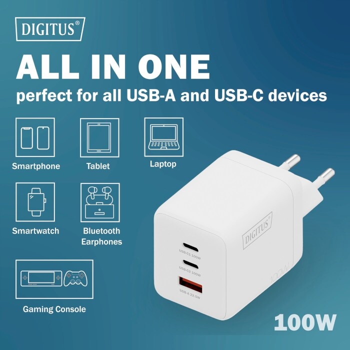 Сетевое зарядное устройство Digitus (2USB-C, 3A, 1USB-A, 3A) 100W White (DA-10304)