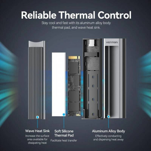 Внешний карман Vention для SSD M.2 (NVMe) M-key USB 3.2 Type-C Heat Sink Aluminum Grey (KPKH0)
