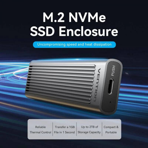 Внешний карман Vention для SSD M.2 (NVMe) M-key USB 3.2 Type-C Heat Sink Aluminum Grey (KPKH0)