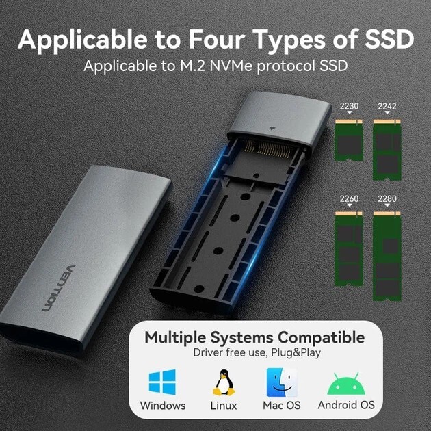 Внешний карман Vention для SSD M.2 (NVMe) M-key USB 3.2 Type-C Grey (KPGH0)