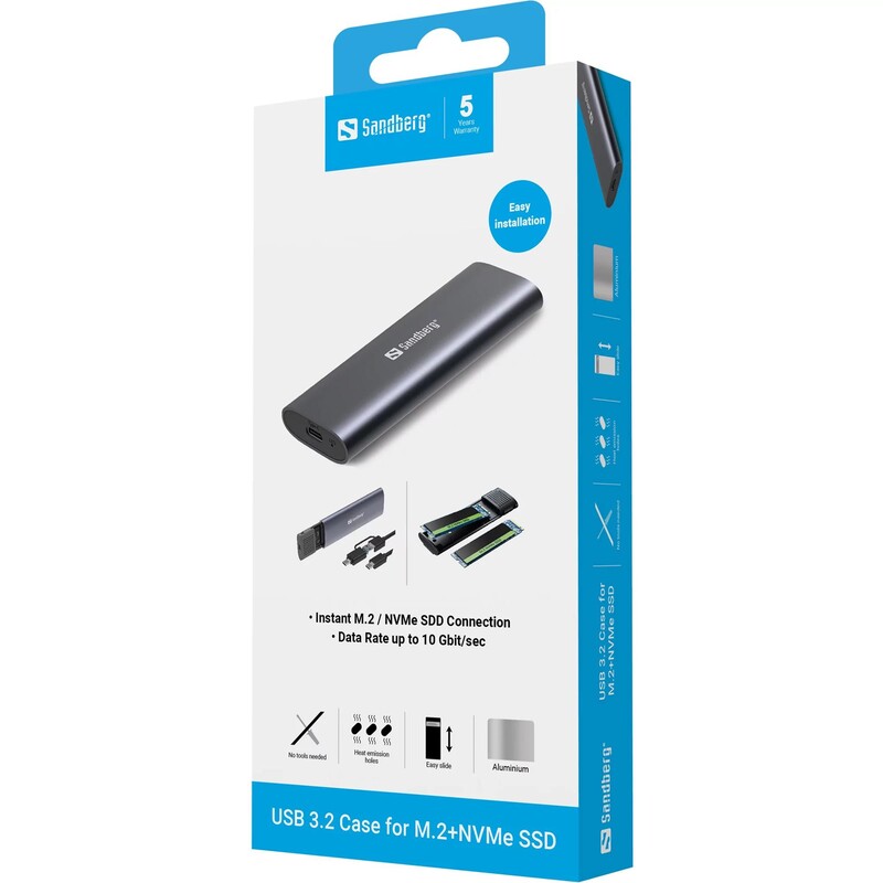 Внешний карман Sandberg для SSD M.2 (NVMe) M-key USB 3.2 Type-C Grey (136-39)