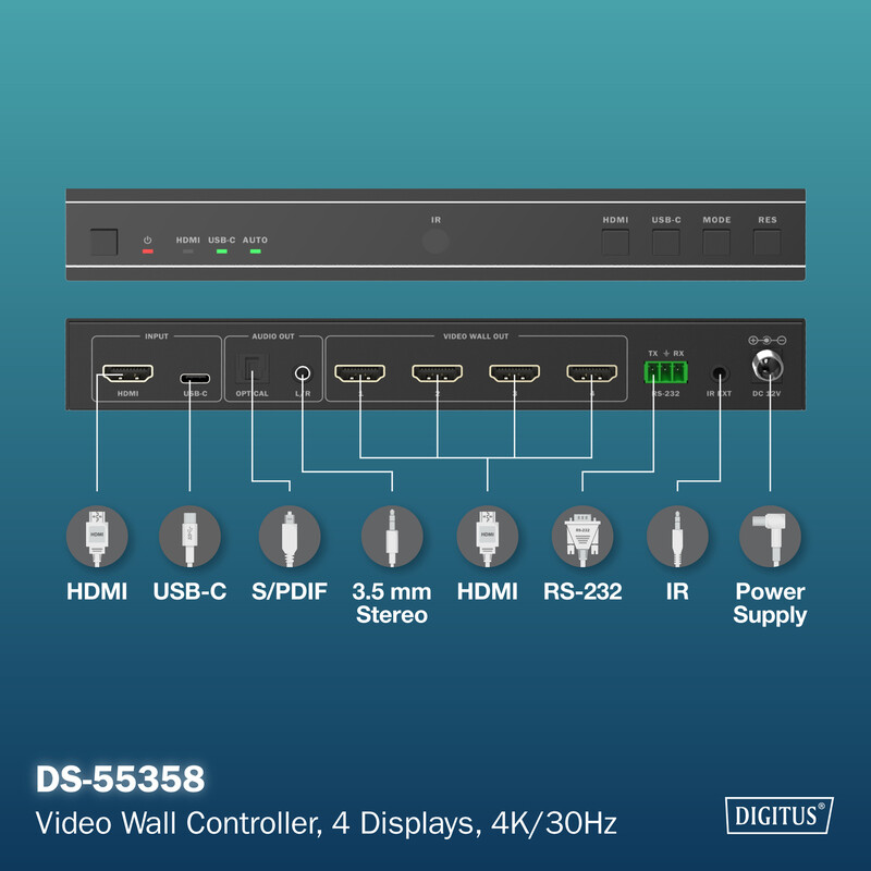 Контролер відеостіни Digitus HDMI - 4xHDMI (F/F), Black (DS-55358)