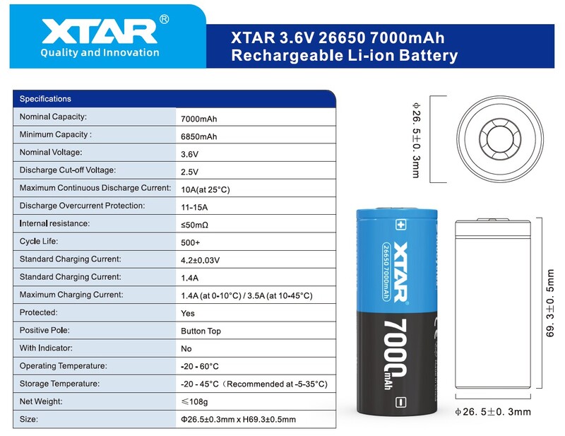 Аккумулятор XTAR 26650P 7000 mAh 1 шт.