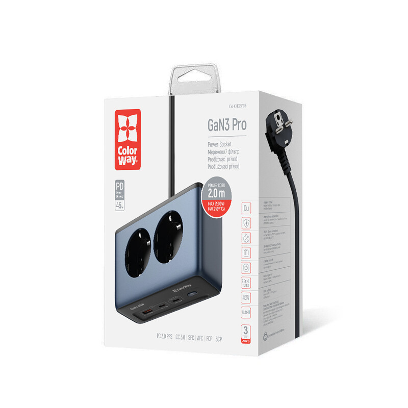 Фільтр живлення ColorWay CW-CHE25PDB 45W 2 розетки, 1xUSB-A 2xUSB-C, 2 м, синій