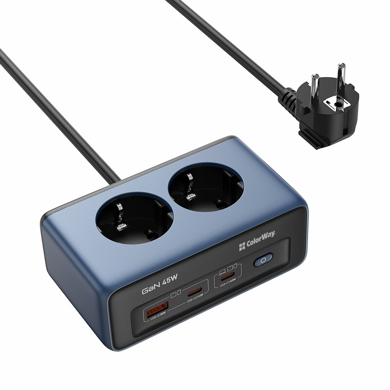 Фільтр живлення ColorWay CW-CHE25PDB 45W 2 розетки, 1xUSB-A 2xUSB-C, 2 м, синій