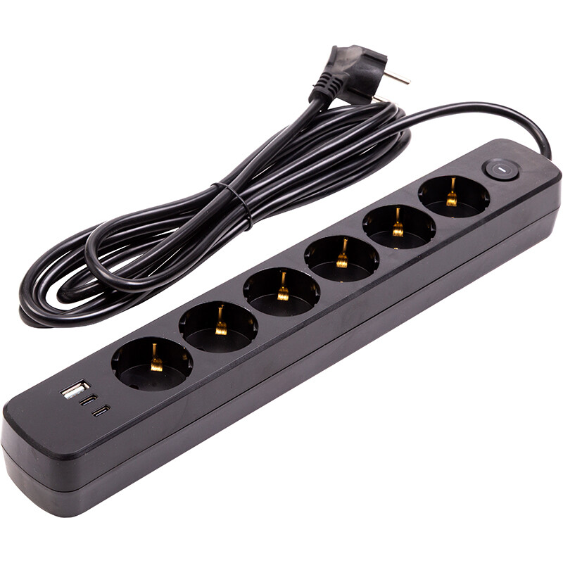 Фільтр живлення PowerPlant YS-N6086/3c (EX610662) 6 розеток, 1xUSB, 2xType-C, 3 м, чорний