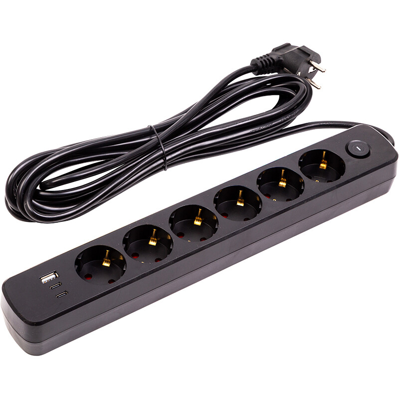 Фільтр живлення PowerPlant YS-N6086/5c (EX610679) 6 розеток, 1xUSB, 2xType-C, 5 м, чорний