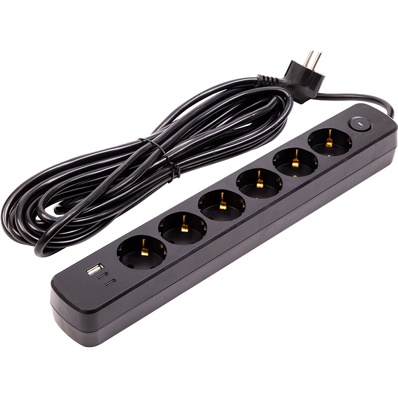 Фільтр живлення PowerPlant YS-N6086/7c (EX610686) 6 розеток, 1xUSB, 2xType-C, 7 м, чорний