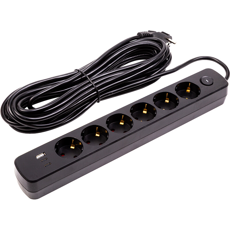 Фільтр живлення PowerPlant YS-N6086/10c (EX610693) 6 розеток, 1xUSB, 2xType-C, 10 м, чорний