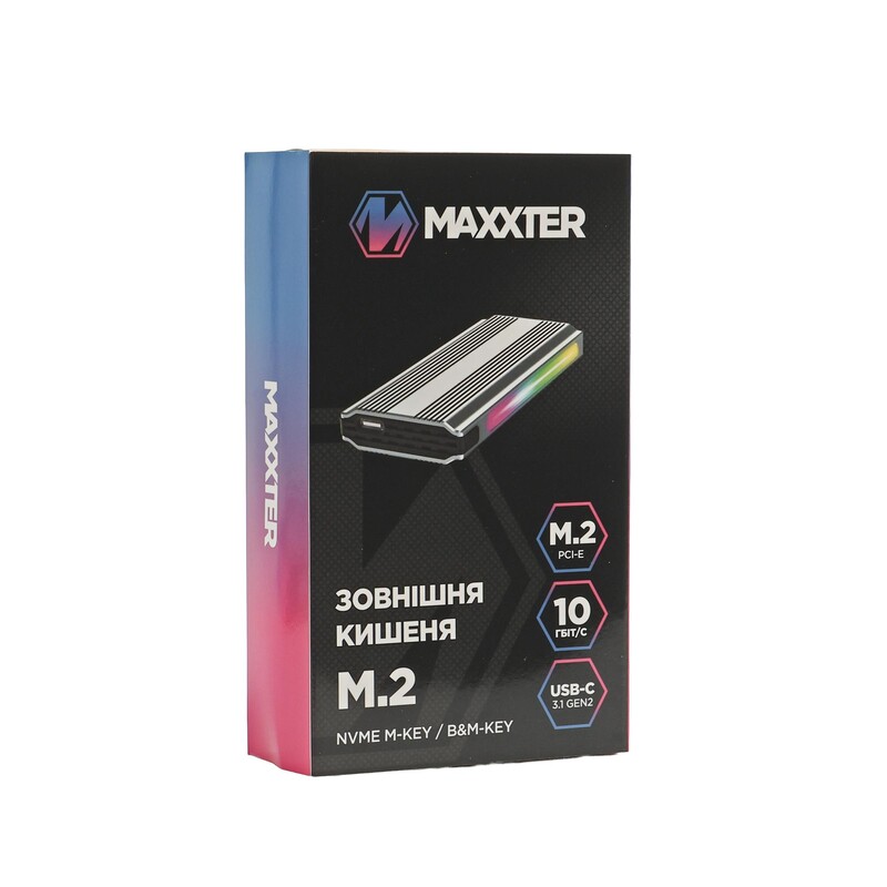 Внешний карман Maxxter M.2 NVMe PCIe, USB 3.1 Type-C Gen2, RGB, Metal, Black (EHDE-2280SRGB-01)