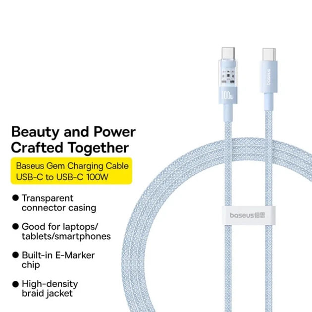Кабель Baseus Gem Fast-Charging USB Type-C - USB Type-C (M/M), 100W, 1 м Blue