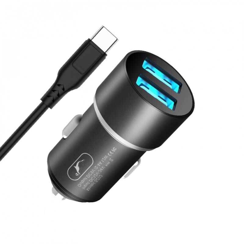 Автомобільний зарядний пристрій SkyDolphin SZ02T Aluminium (2USB, 2.4A) Black (AZP-000072) + кабель Type-C_бн