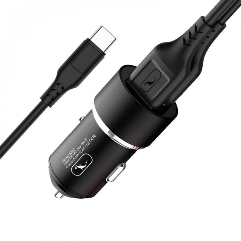 Автомобільний зарядний пристрій SkyDolphin SZ02T Aluminium (2USB, 2.4A) Black (AZP-000072) + кабель Type-C_бн