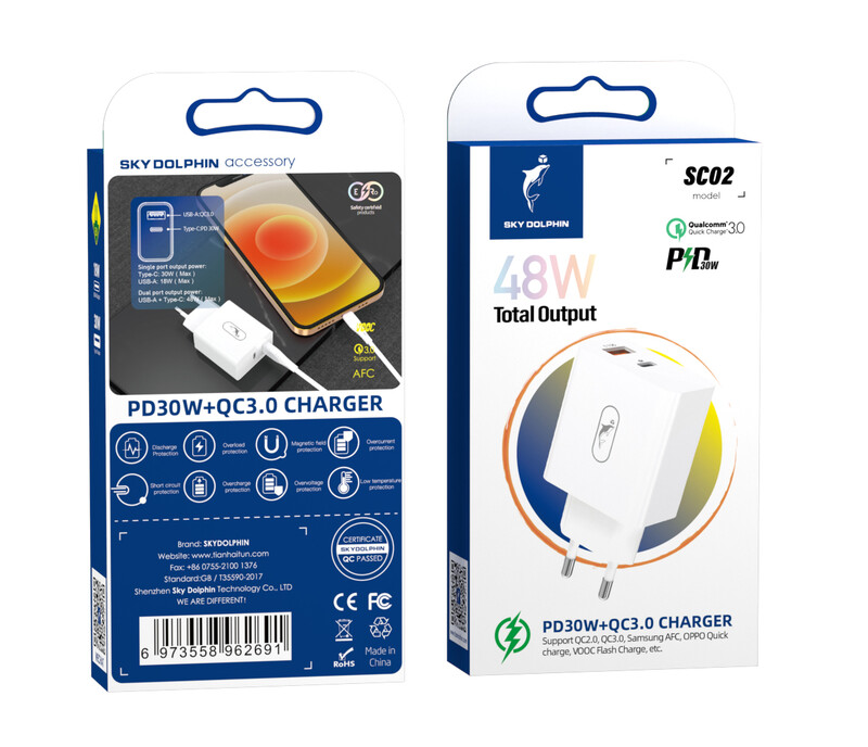 Мережевий зарядний пристрій SkyDolphin SC02 (2USBx2.4A) White (MZP-000185)_бн