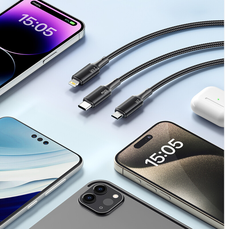 Кабель Essager Simple 3 in 1 USB - MicroUSB+USB Type-C+Lightning (M/M), 100W, 1.2 м Black (EXCMTL-JJ01-P)