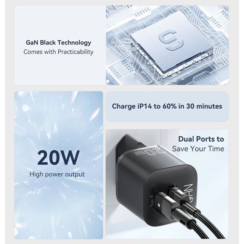 Сетевое зарядное устройство Essager Camber 20W USB A + Type C Black (ECTAC-HMB01-P)
