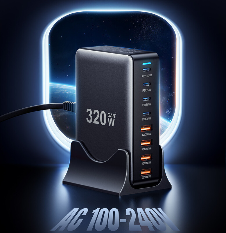 Сетевое зарядное устройство Essager Engine 320W 4xUSB-C+4xUSB-A Black (EZC320W-QJB0G-Z)