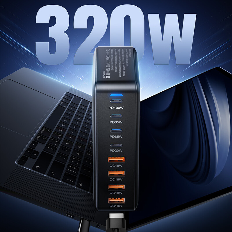 Сетевое зарядное устройство Essager Engine 320W 4xUSB-C+4xUSB-A Black (EZC320W-QJB0G-Z)