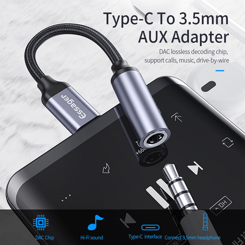 Адаптер Essager USB Type-C - 3.5 мм (M/F), 0.1 м, Black (EZJE01-0G)