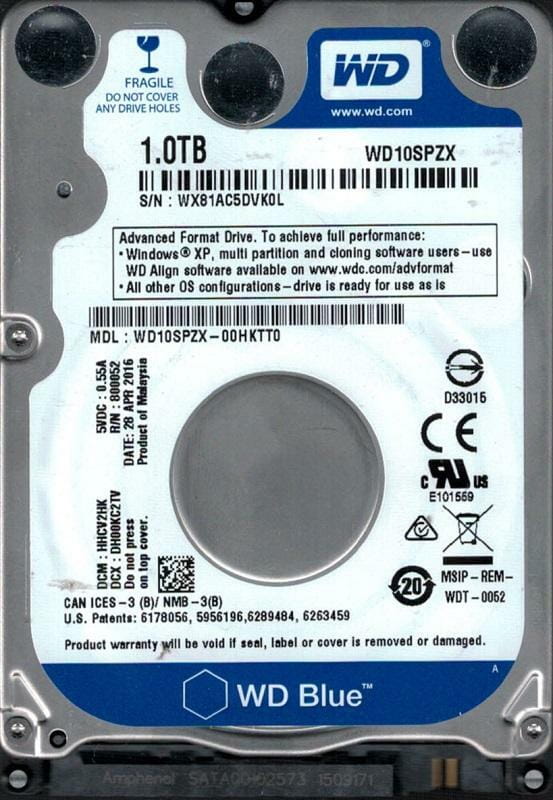 Накопитель HDD 2.5" SATA 1.0TB WD Blue 5400rpm 128MB (WD10SPZX)