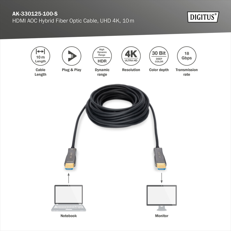 Кабель Digitus HDMI - HDMI (M/M), UHD 4K, AOC hybrid-fiber, 15 м, Black (AK-330125-150-S)